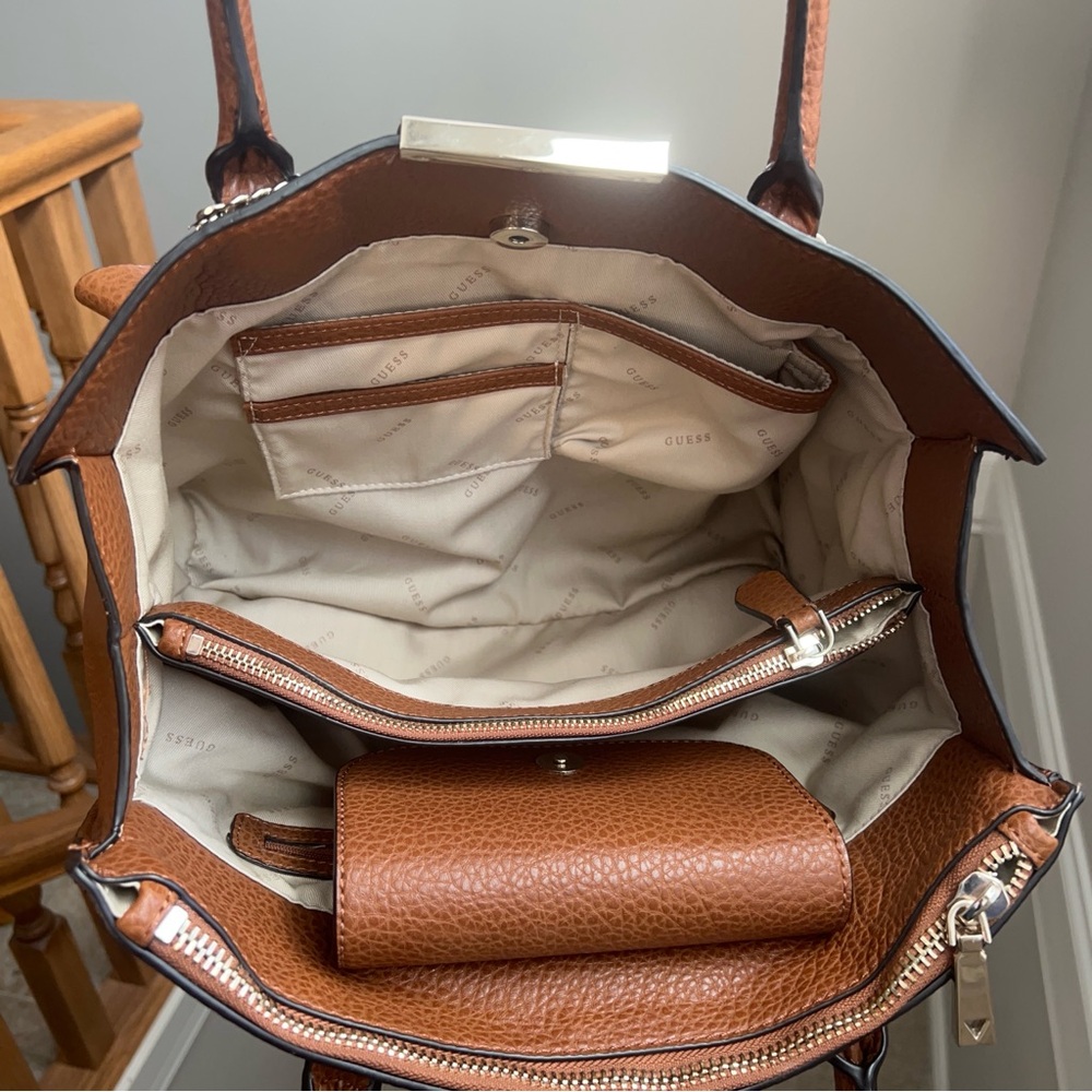 Guess Faux Leather Tan Rich Cognac Brown Structured Satchel Tote Bag - Picture 8 of 16